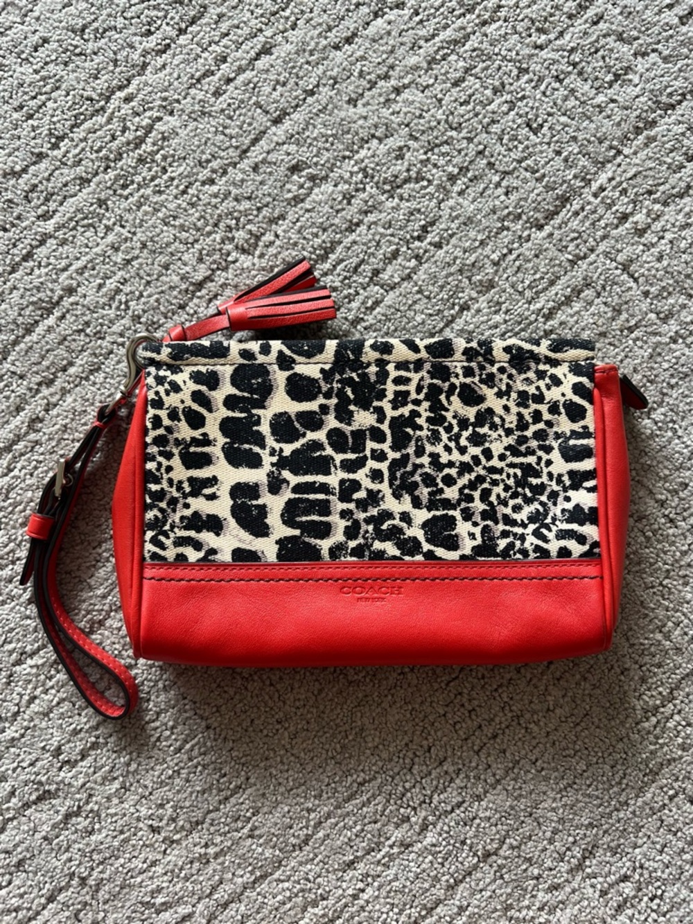 Coach Red Leather Wristlet with Black & Cream Animal Print
